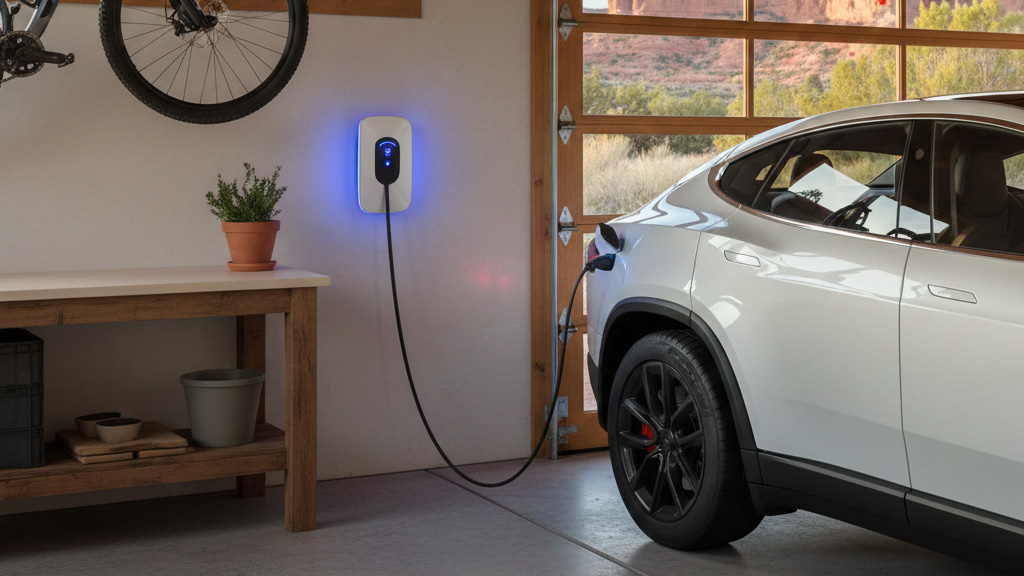 EV car charging in garage with Level 2 home charger
