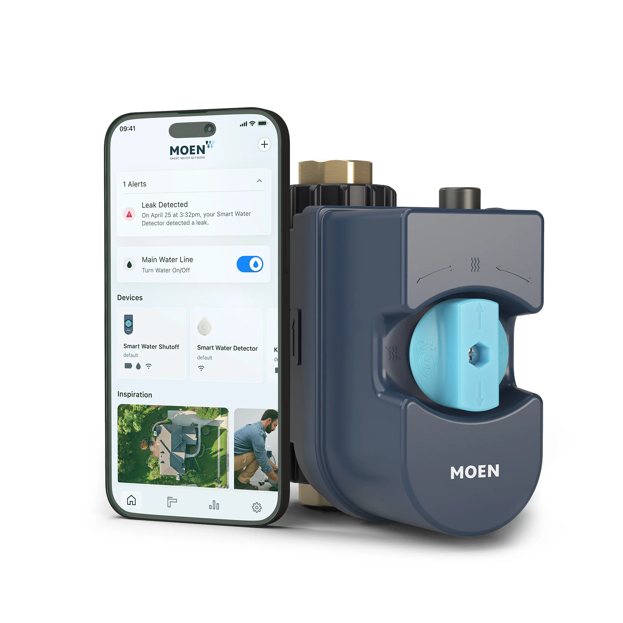 Moen Flo Smart Water Shutoff device with the Moen Smart Water Network app showing leak detection alert