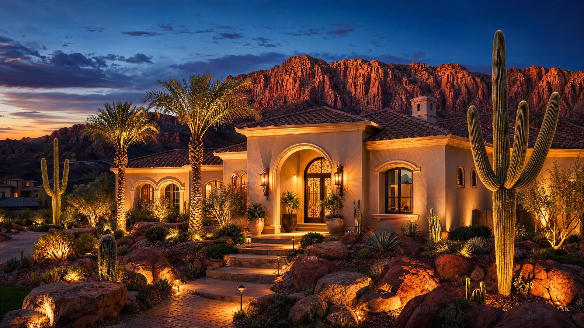 Luxury St. George home with professional outdoor landscape lighting at dusk